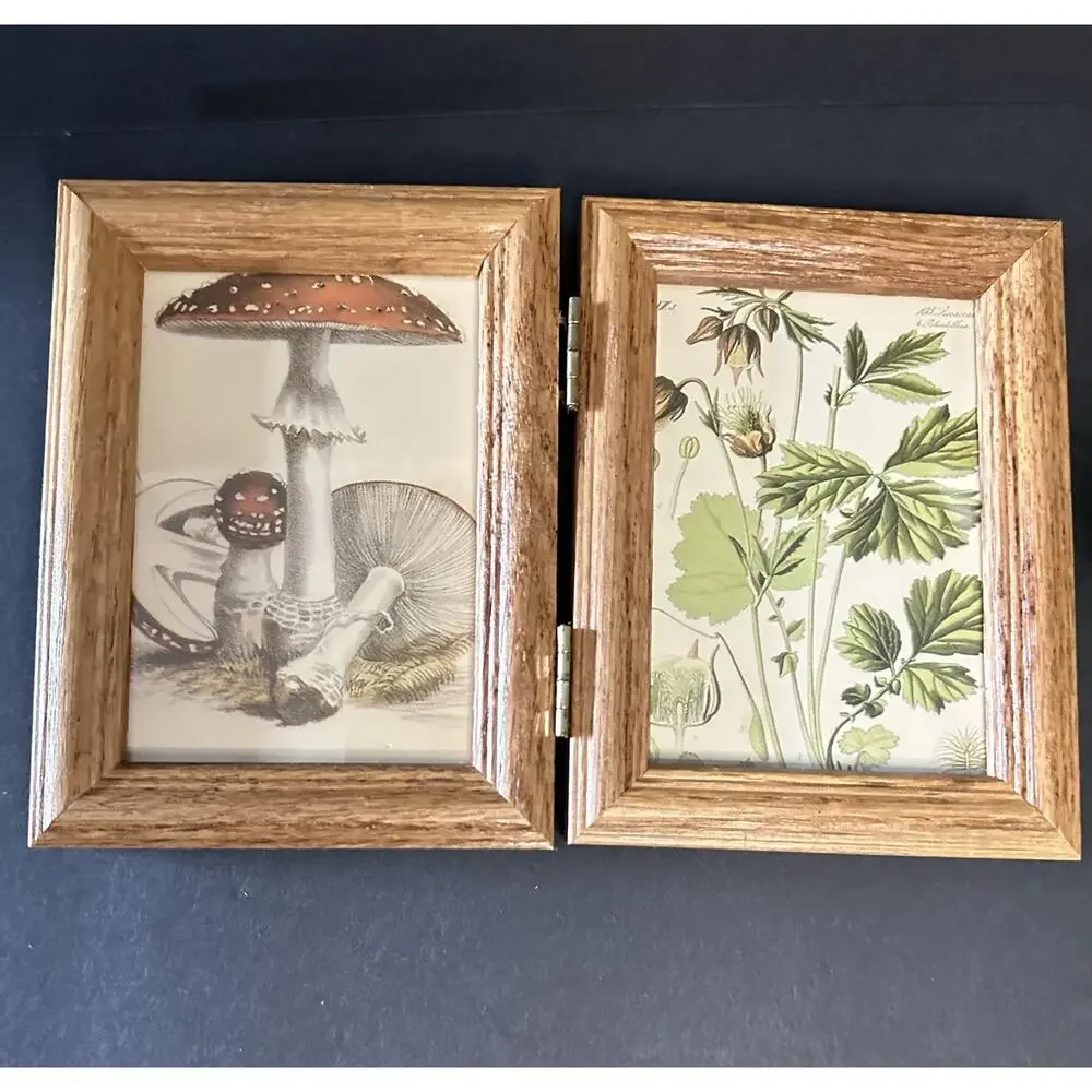 Hinged Double Wood Picture Frame 4.5x6 Mushroom Botanical Prints Cottagecore